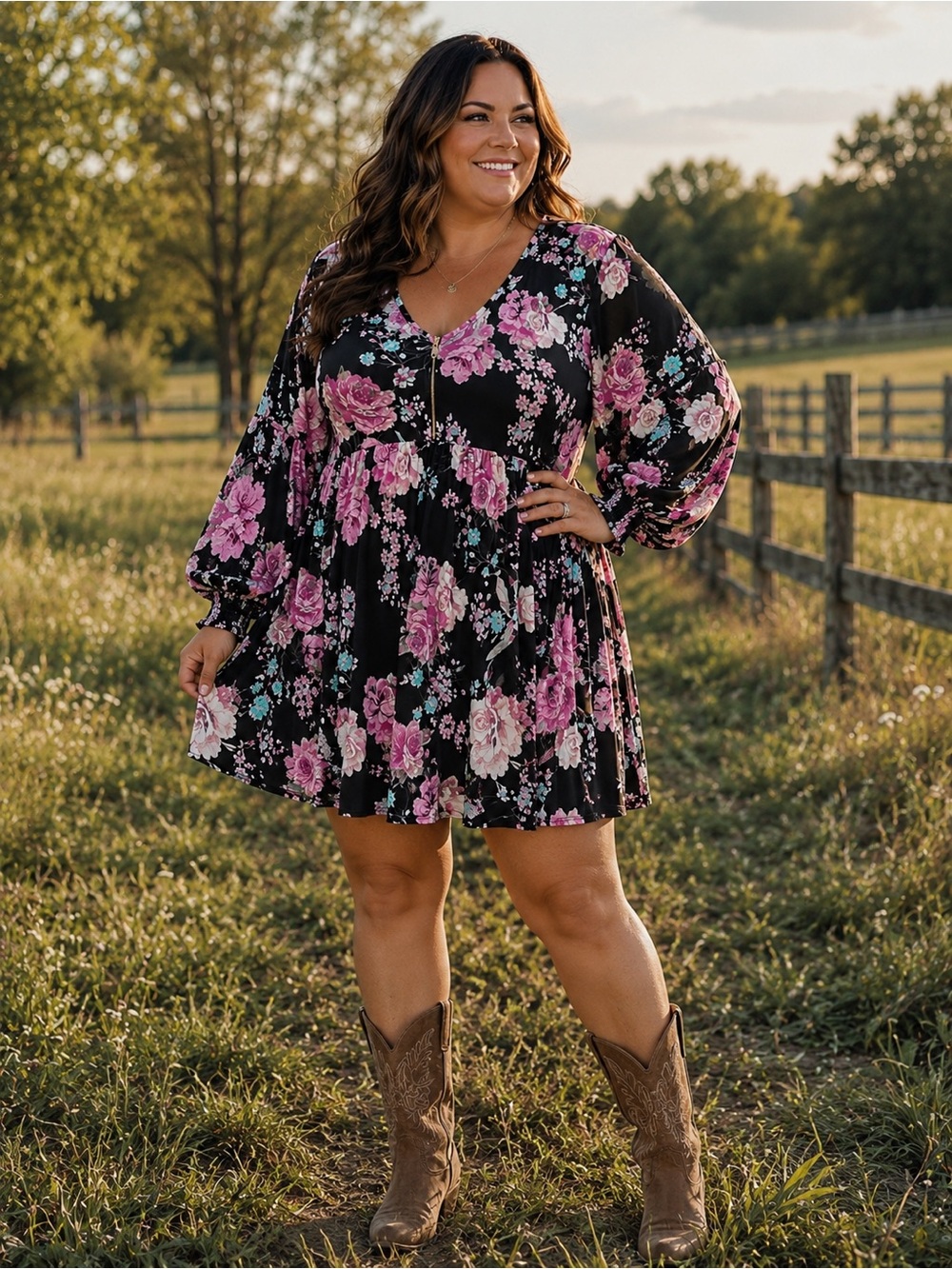 white birch Black Floral V-Neck Babydoll Dress